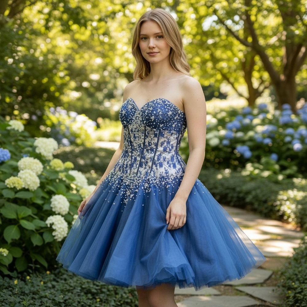 Joli Prom Womens Corset Dress 8 Blue Tulle Floral Lace Beaded Sweetheart Mini